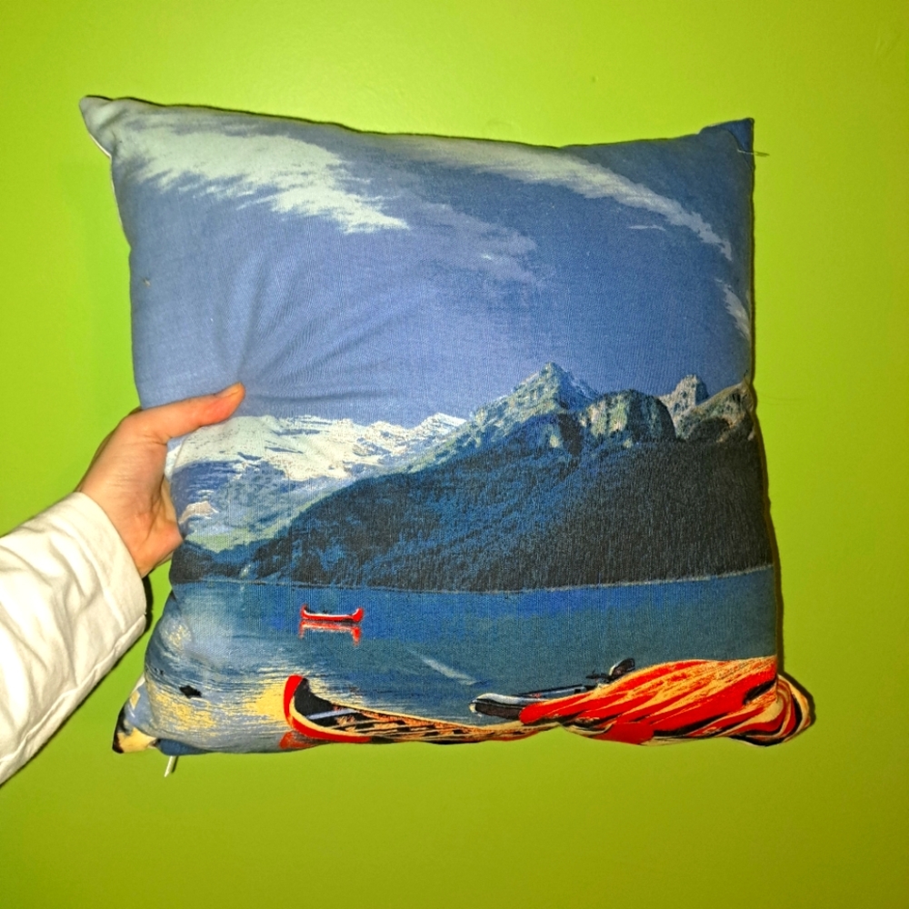 Printed Scenic Mountain Range Boat Lake Landscape Art Cushion